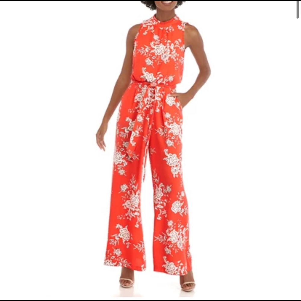 Vince Camuto Floral Wide-Leg Jumpsuit – Sleeveless Ruffle Neck, Size 12